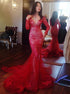 Mermaid Lace Red Long Sleeves Open Back Prom Dress LBQ3076